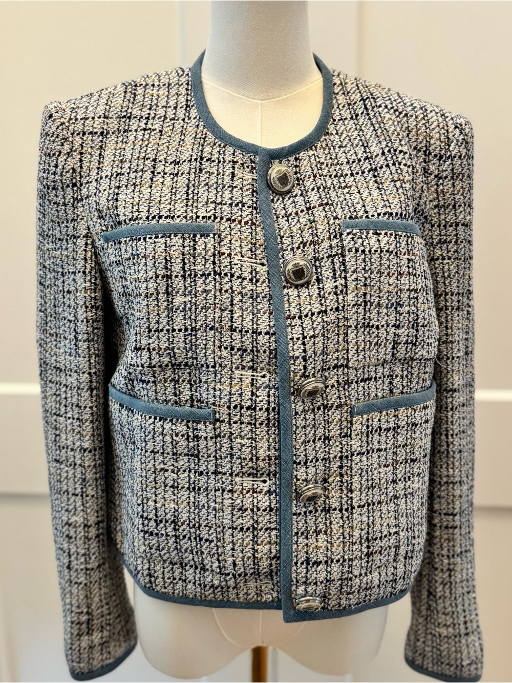 NWOT Veronica Beard Darla Collarless Tweed Jacket with Blue Trim